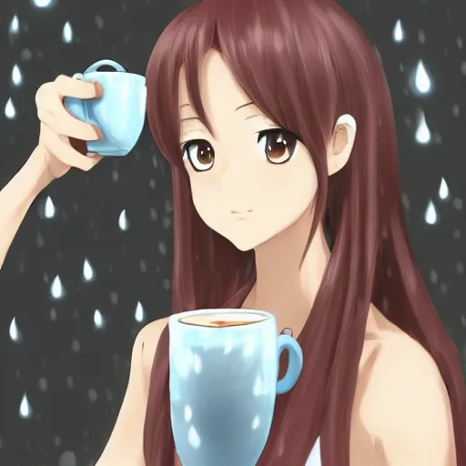 Image similar to portrait of a girl drinking cappucino during rain, anime fantasy illustration by tomoyuki yamasaki, kyoto studio, madhouse, ufotable, trending on artstation