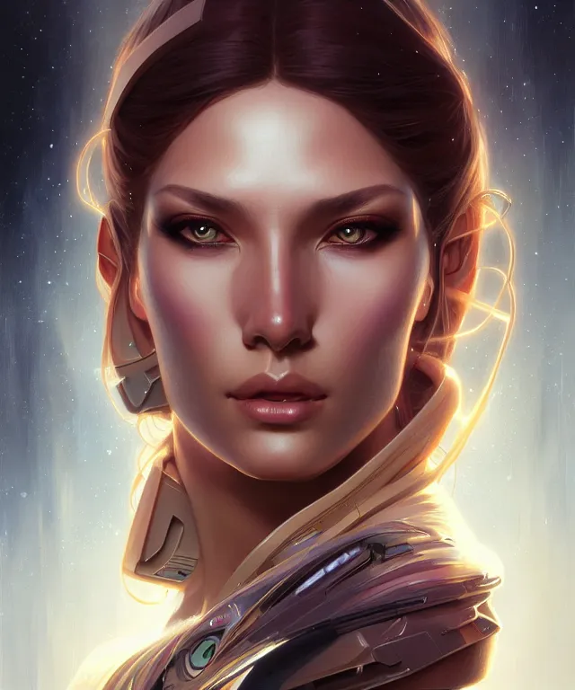 Image similar to futuristic woman portrait, sci-fi, amber eyes, face, long hair, fantasy, intricate, elegant, highly detailed, digital painting, artstation, concept art, smooth, sharp focus, illustration, art by artgerm and greg rutkowski and alphonse mucha