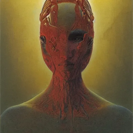 Prompt: female in golden mask by Wayne Barlowe