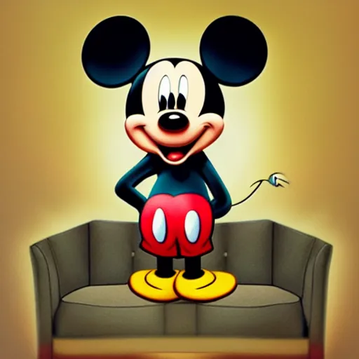 Image similar to mickey mouse holding a giant weed joint while sitting on a couch in a messed up apartment, stoned eyes, amazing digital art, amazing detail, artstation, award winning, sharp