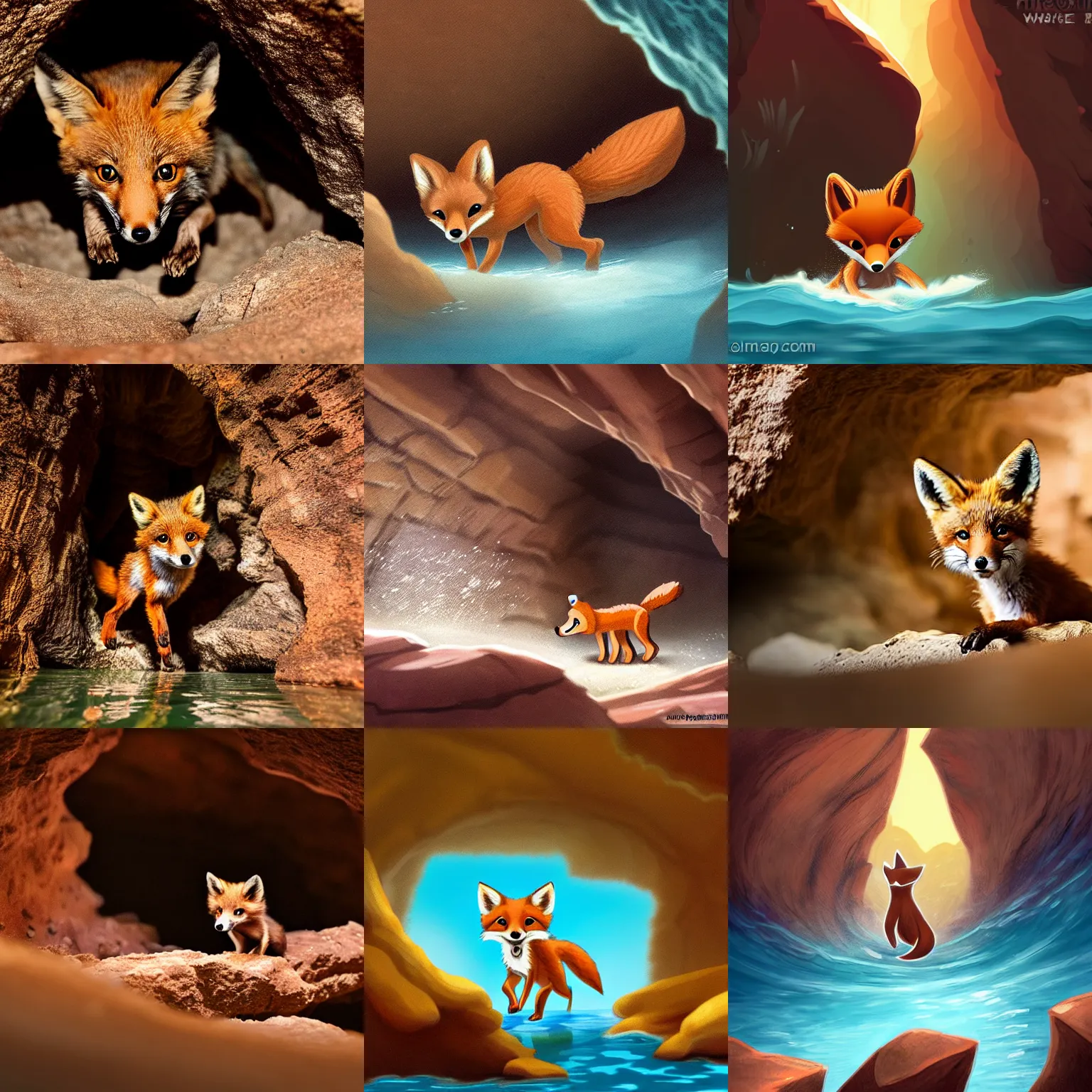 Prompt: a tiny brown fox exploring a large cave, water, by Aaron Miller, Disney style,