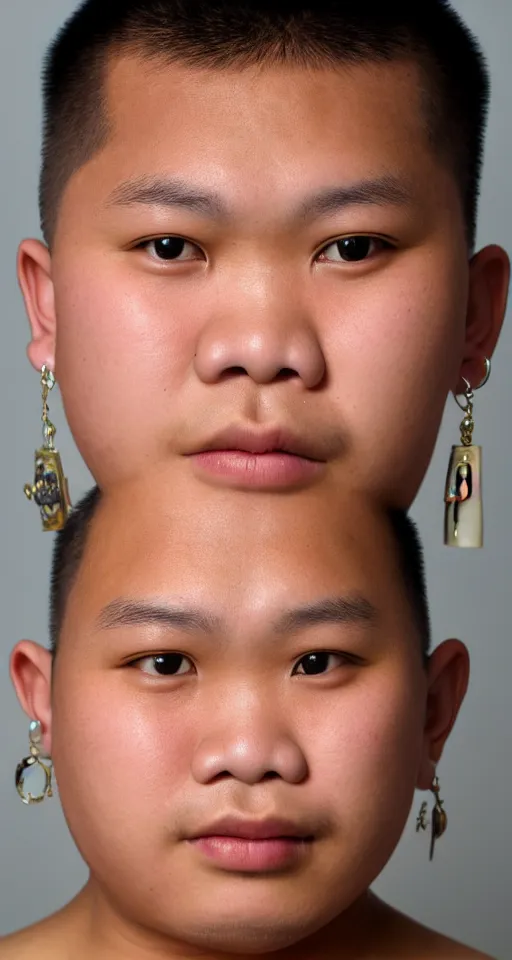 Prompt: close up portrait of a teenage chubby filipino with crooked teeth and a perm, shaved sides of head, curly on top, small studded earings