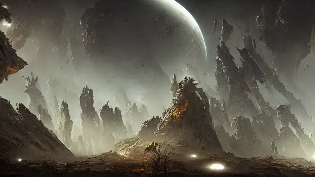 Prompt: eerie atmospheric alien world by yoann lossel and stephan martiniere, cinematic matte painting