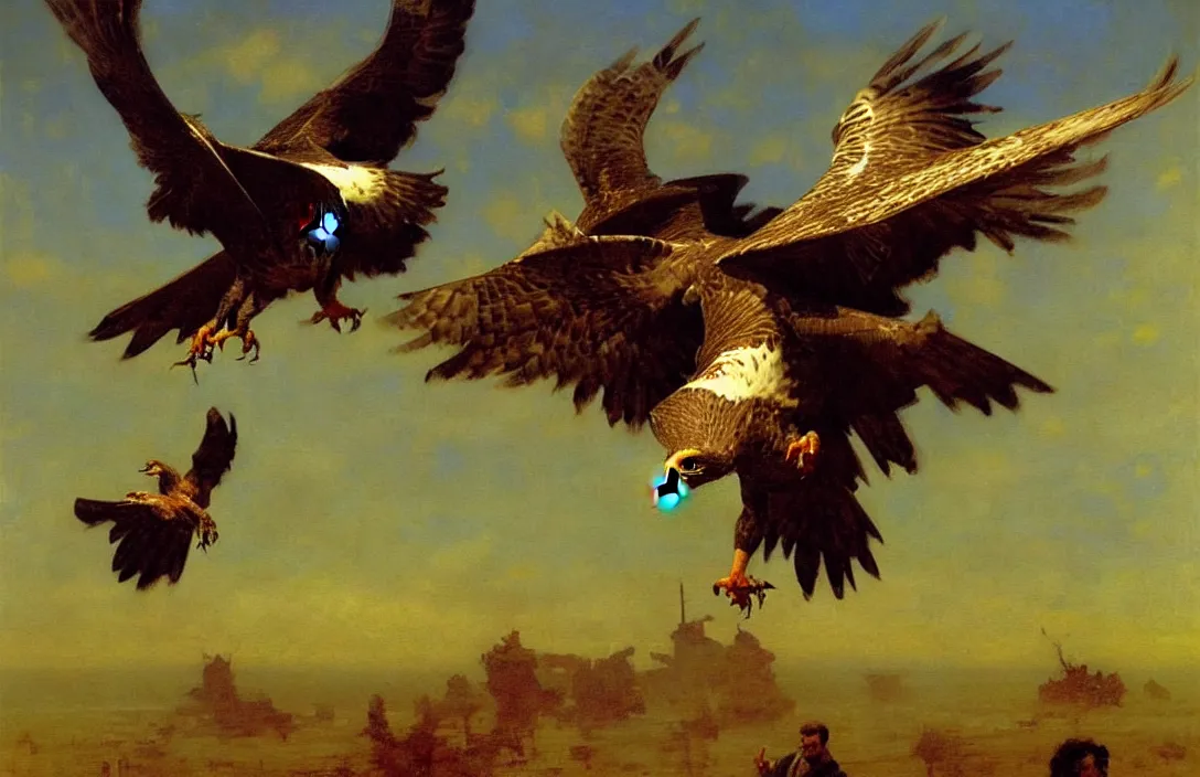 Prompt: a falcon escapes from the falconer, detailed painting, epic lighting, by ilya repin, phil hale and kent williams