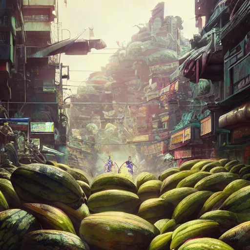 Image similar to Concept Digital Art Highly detailed giant Watermelon warlord protecting Ukrainian city from Orks by Taras Shevchenko and Stephen Hickman and Beeple. Very highly detailed 8K,Pentax 67, Kodak Portra 400 in style of Hiromasa Ogura Ghost in the Shell, the golden ratio, rational painting