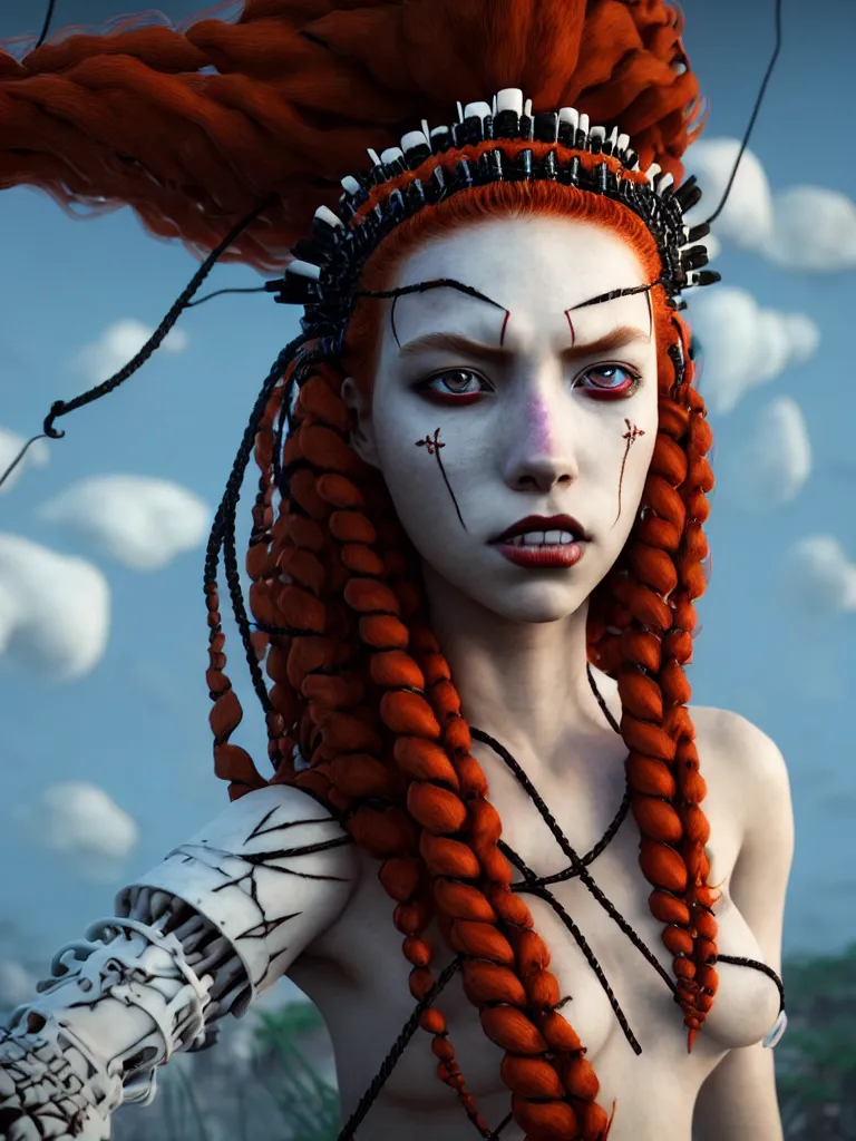 Image similar to a single fierce looking beautiful young woman with curly red hair and symmetrical white makeup, tied up with black rope, wearing an intricate headdress made from bones and leather, painted by makoto shinkai, studio ghibli, intricate linework, unreal engine 5 highly rendered, global illumination, radiant light, detailed and intricate environment