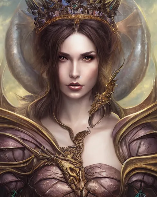 Image similar to a beautiful female dragon queen, 8 k, dark fantasy, hyperrealistic, perfect face, symmetrical, hyperdetailed, fantasy portrait by laura sava