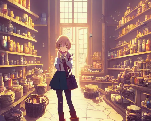 Image similar to anime visual, portrait of a young female traveler in a alchemist's shop interior, cute face by yoh yoshinari, katsura masakazu, studio lighting, dynamic pose, dynamic perspective, strong silhouette, anime cels, ilya kuvshinov, cel shaded, crisp and sharp, rounded eyes, moody