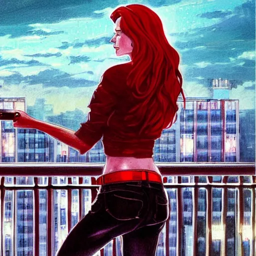 Prompt: a beautiful artwork of a woman with red hair in jeans and a white shirt smoking on the balcony of a hotel at night, top view, cinematic shot, rainy, marvel, dc comics neon and rainy theme atmosphere by Jerome Opeña, featured on artstation