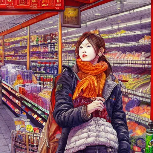 Image similar to the portrait a grocery young asia woman in down jacket, the background is a grocery store, winter, rural northeast an ultrafine hyperdetailed illustration by kim jung gi, irakli nadar, intricate linework, bright colors, octopath traveler, final fantasy, unreal engine 5 highly rendered, global illumination, radiant light, detailed and intricate environment