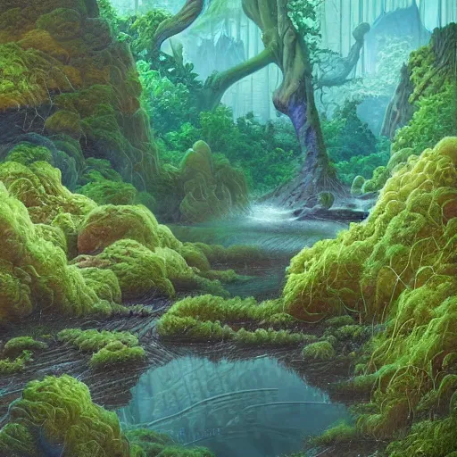 Image similar to digital painting of a lush wet natural scene on an alien planet by gerald brom. digital render. detailed. beautiful landscape. colourful weird vegetation.