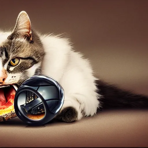 Image similar to cat eating a car, photorealistic, studio