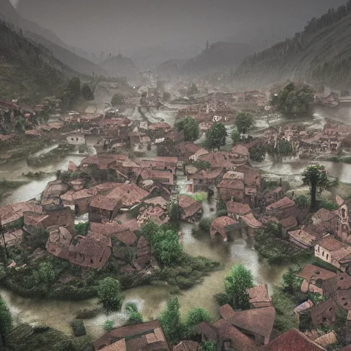 Image similar to the center of a poor medieval town under heavy rain at late dawn, in a valley, surrounded by mountains, highly detailed, octane render, ultra detailed cinematic, 8 k, widescreen, 1 6 : 9, hd