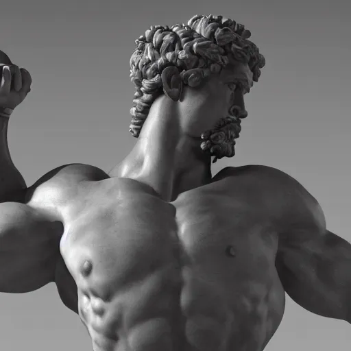 Image similar to an amazing close - up sculpture of hercules, a sculpture of hercules renaissance style by michelangelo and auguste rodin. volumetric lighting, ultra - hd, unreal engine 5, god - like