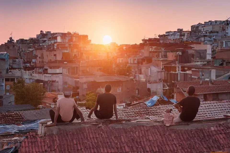 Prompt: two guys are sitting on the roof of a house against the background of the city during sunset