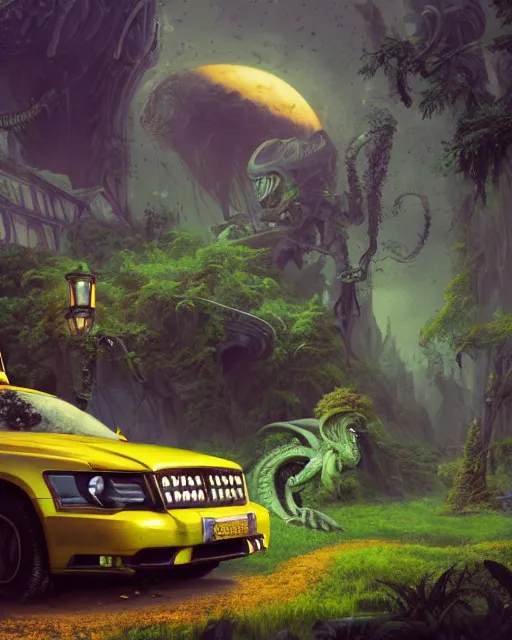 Image similar to xenomorph taxi car in a fantasy village, calming, uplifting mood, ultra realistic, farm, small buildings, highly detailed, atmosphere, masterpiece, epic lighting, elves, green plants, magic, illuminated, 4 k, cinematic, morning sun, art by eddie mendoza and sylvain sarrailh and jonathan berube