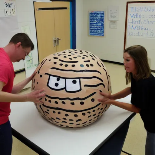 Image similar to teacher creating to - scale model of human eye for pedagogy purposes using bowling balls