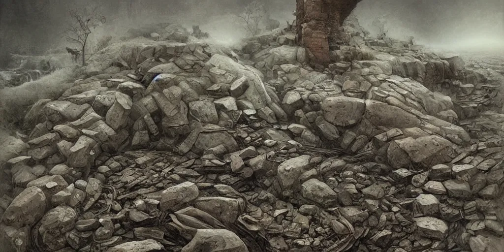 Image similar to landslide, debris, illustration, detailed, smooth, soft, cold, by Adolf Lachman, Shaun Tan, Surrealism