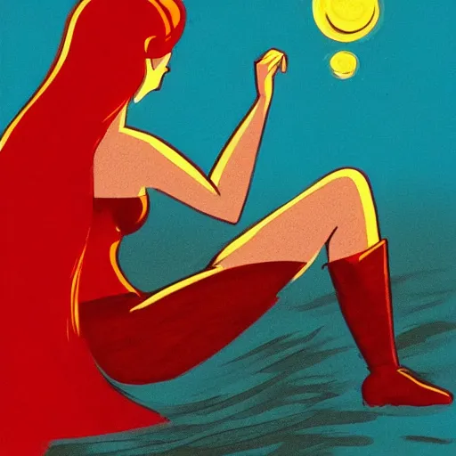 Image similar to a beautiful comic book illustration of a woman with long red hair sitting near a lake at night by darwyn cooke, featured on artstation