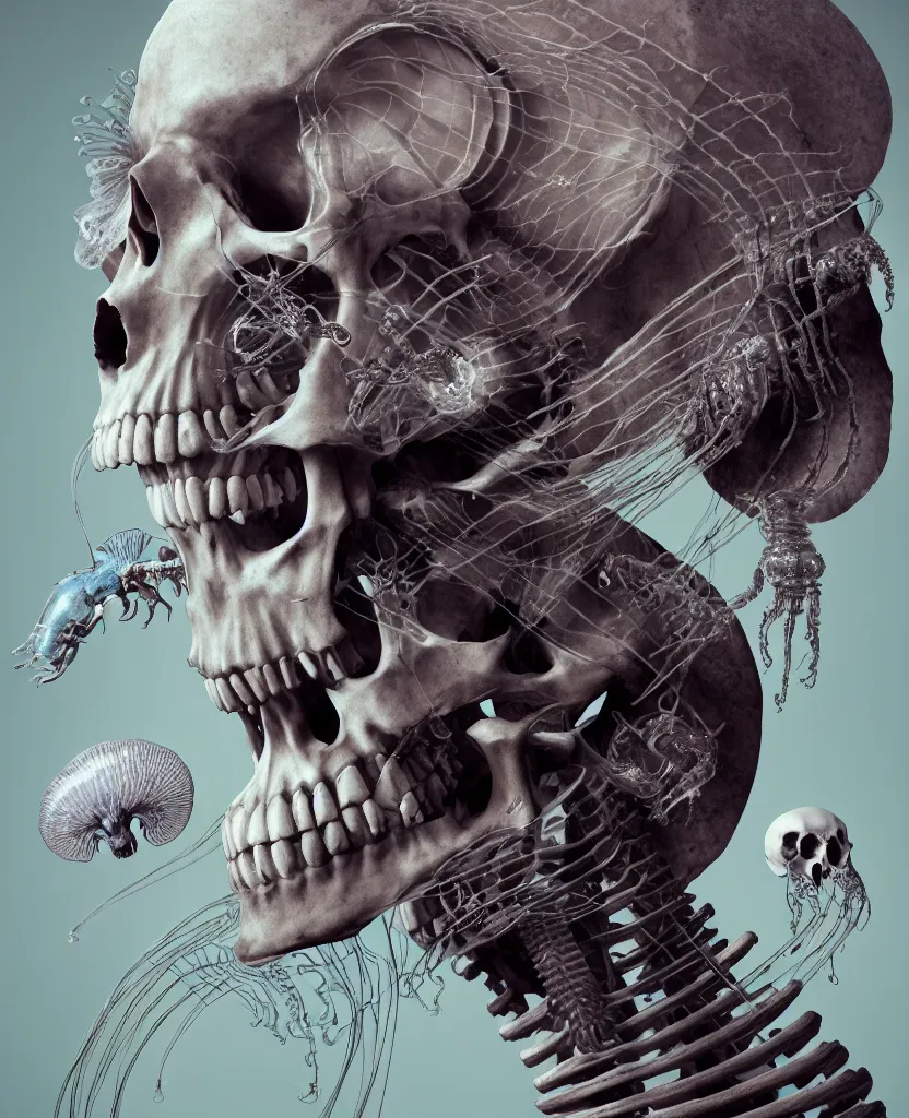 Image similar to goddess close-up portrait human skeleton, ram skull, skeleton, thorax, x-ray, backbone, jellyfish phoenix head, nautilus, orchid, skull, betta fish, bioluminiscent creatures, intricate artwork by Tooth Wu and wlop and beeple. octane render, trending on artstation, greg rutkowski very coherent symmetrical artwork. cinematic, hyper realism, high detail, octane render, 8k
