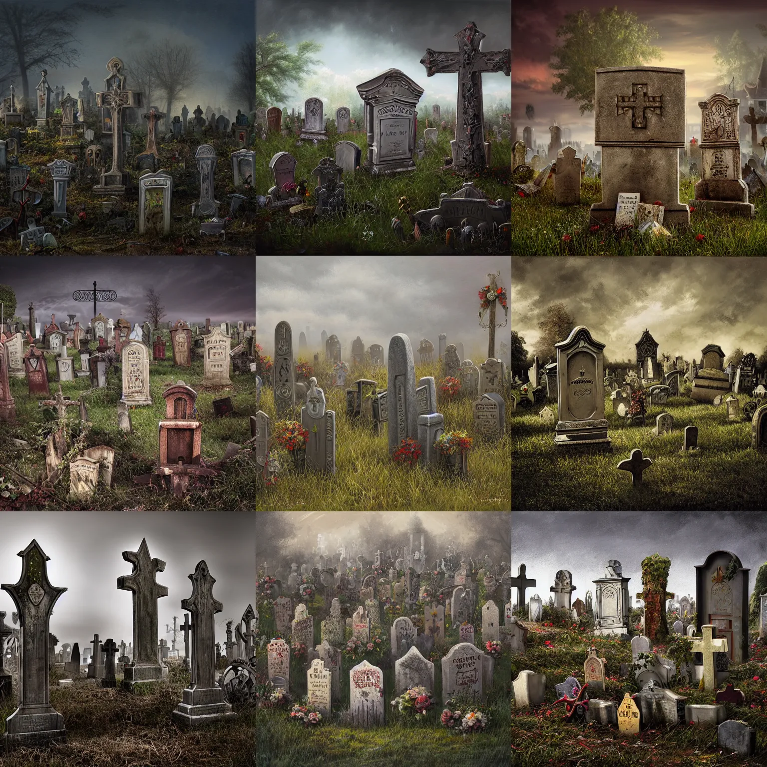 Prompt: a mike campau painting of a goofy graveyard by