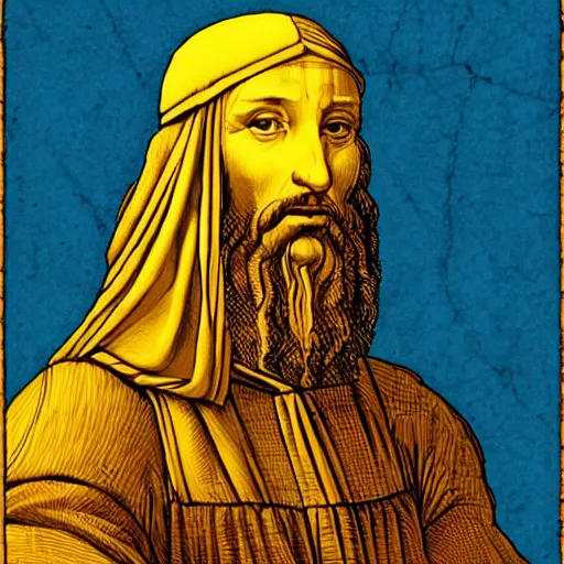 Prompt: blue and yellow illustration portraying leonard da vinci