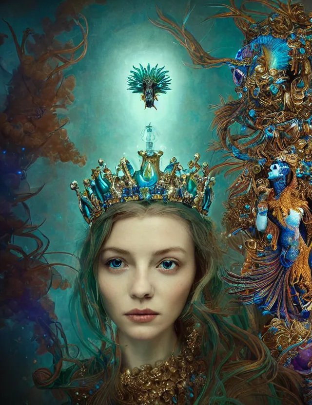 Image similar to blurred background. close-up portrait of a goddess in crown made of skulls. betta fish, phoenix, bioluminiscent creature, super intricate ornaments, by Anne Bachelier by Anka Zhuravleva, Anato Finnstark and Alena Aenami, Bruno Walpoth. unreal engine