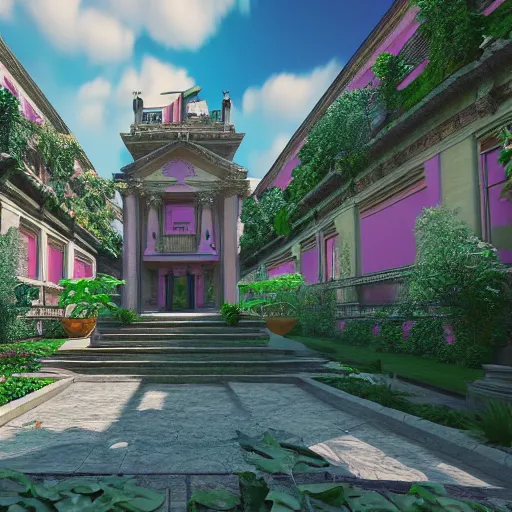 Prompt: vaporwave mansion, liminal space, high detail, rendered in unreal engine, 3d render, god rays, volumetric lighting, large windows, baroque, rococo, vegetation