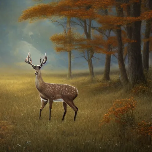 Image similar to deer looking in a distance landscape photprealism ultradetailed digital art, irina french, heraldo ortega, mandy jurgens, golden ratio, art canvas, award winning, masterpiece trending on artstation 8 k 1 5 0 mpx