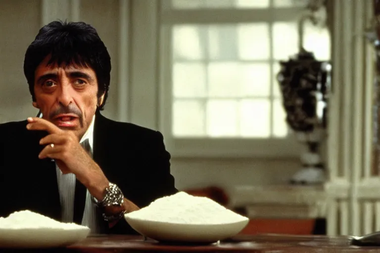 Image similar to tony montana from movie scarface 1 9 8 3 sitting at a big black oak table with big packages of flour. next to the night window. al pacino. perfect symmetric face, coherent eyes, medium shot, fine details, 4 k, ron cobb, cinestill