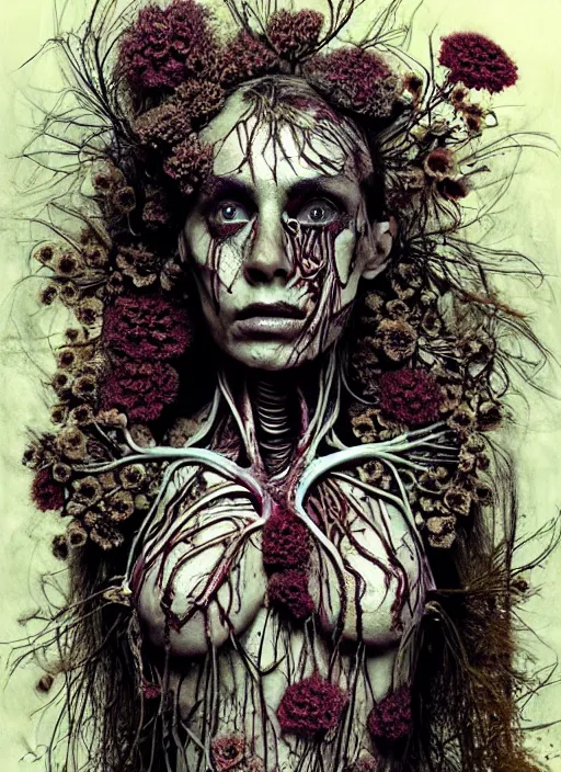 Image similar to beautiful and detailed rotten woman corpse with fractal plants and many different types of flowers growing around, muscles, veins, arteries, intricate, organs, ornate, surreal, john constable, guy denning, dan hillier