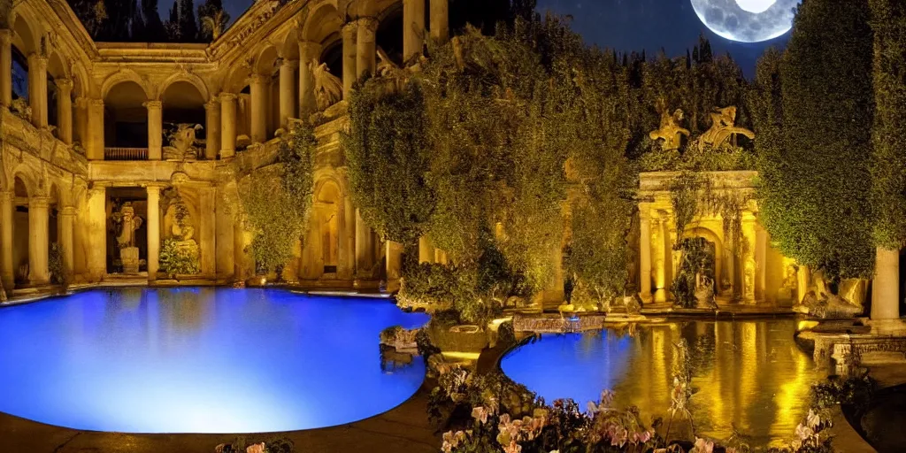 Image similar to photo of beautiful courtyard under moonlight, art deco and baroque aesthetic, large glowing moon, pool with rippling reflections, weeping willows and flowers, hellenistic sculptures, romantic, archdaily,