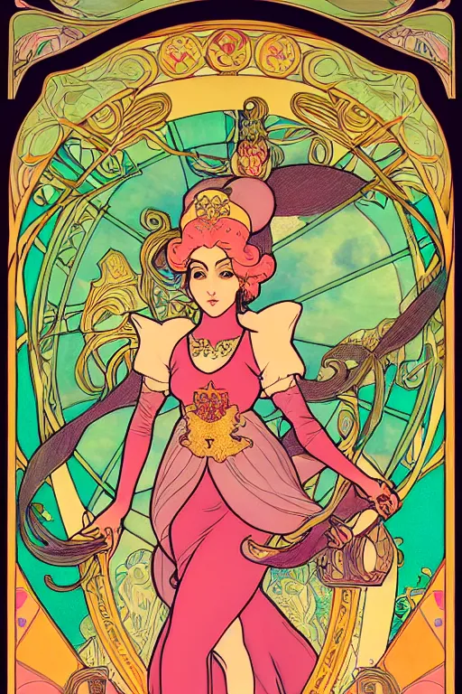 Prompt: full length painting of princess peach art nouveau, tarot card by mucha, gaudy colors, sharp edges, octane render, intricate linework.