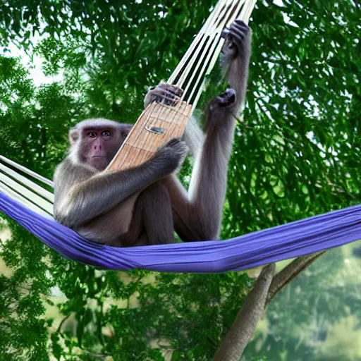 Prompt: a monkey playing the guitar while in a hammock, photorealistic, 4 k