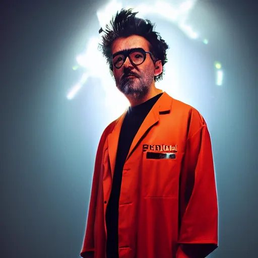 Image similar to portrait of rick sanchez, lab coat and tee shirt, lens flare, atmosphere, glow, detailed, intricate, full of colour, cinematic lighting, 4 k, hyperrealistic, focused, extreme details, cinematic, masterpiece