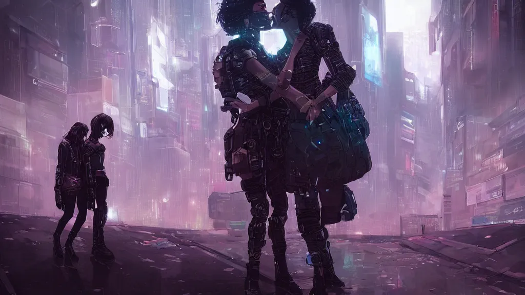 Image similar to futuristic, cyberpunk, couple kissing, stars, dramatic, digital art, detailed, artstation, romantic scene, very dramatic feels,