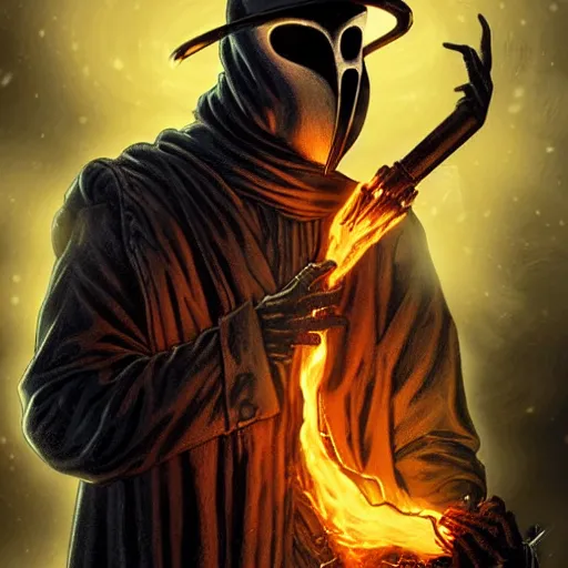 Prompt: ghost rider as a plague doctor with the plague doctor mask half burnt off showing his face, beautiful artwork by artgerm and rutkowski, by akira toriyama, breathtaking, beautifully lit, dramatic lighting, full view