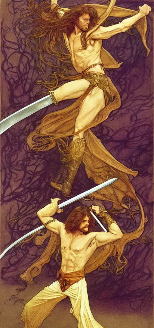 Image similar to one golden swordsman wielding two swords leans back as he lunges elegantly in the wind, his robes and long hair flowing in the breeze, fantasy, Mucha, MTG, Game of Thrones, salsa dancing, Rossetti, Millais, anatomically correct