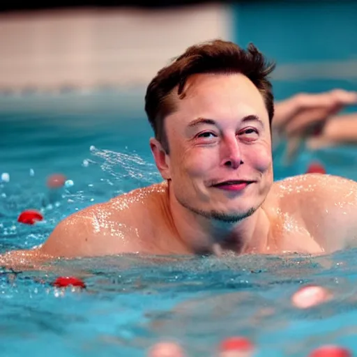Image similar to Photography of elon musk swimming in a pool with money all around him