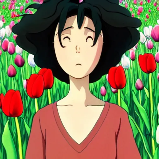 Prompt: beautiful dark skin mexican woman, dancing in a field of tulips and baby's breath, septum piercing and nose ring, prominent cheek bones, black hair and brown eyes, studio ghibli art style, art by hayao miyazaki, makoto shinkai