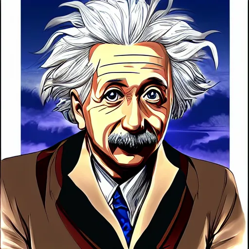 Image similar to Albert Einstein in Jojo\'s Bizarre Adventure, character art, Hirohiko Araki, masterpiece, beautiful, clean lines, dramatic pose, artstation, high detail face, high resolution scan, Hirohiko Araki, Hirohiko Araki, masterpiece