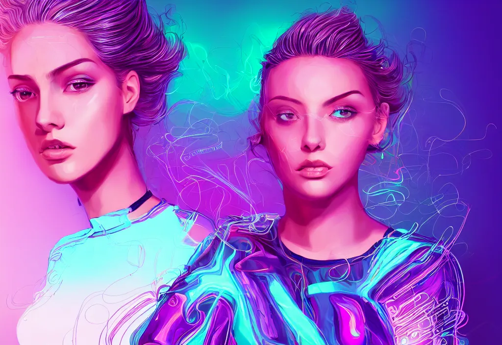 Prompt: a award winning half body portrait of a beautiful woman in a croptop and cargo pants with ombre purple pink teal hairstyle surrounded by whirling illuminated lines, outrun, vaporware, shaded flat illustration, digital art, trending on artstation, highly detailed, fine detail, intricate, sensual, elegant, seductive