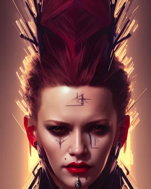 Image similar to beautiful female punk, portrait, cyberpunk, symmetry, detailed, cybernetic, intricate, dynamic lighting, digital art, digital painting, artstation, wlop, sharp focus, illustration, art by artgerm and greg rutkowski and alphonse mucha, 8 k