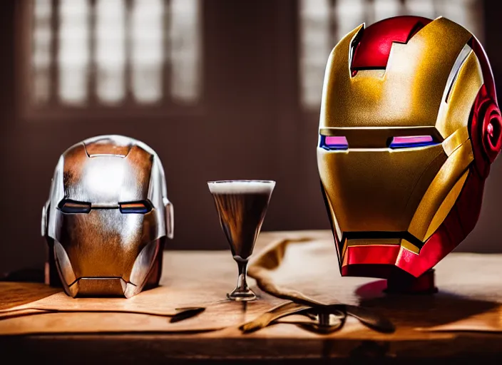 Prompt: a reflective steel engineering mask of ironman at a high end bar in a table, medieval themed castle in golden afternoon light, professional food photography