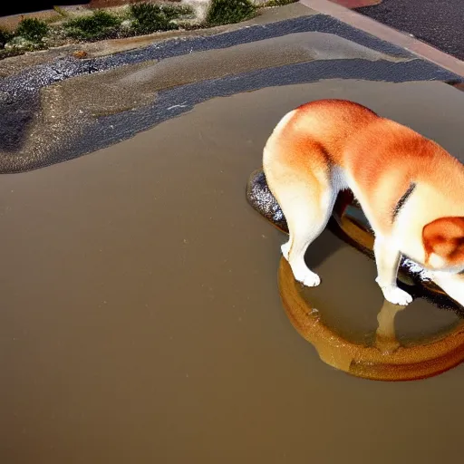 Image similar to shiba inu in a puddle on a hot summer day with the sun in the sky above them, realism, highly detailed, back lit, god rays, bloom, 4k