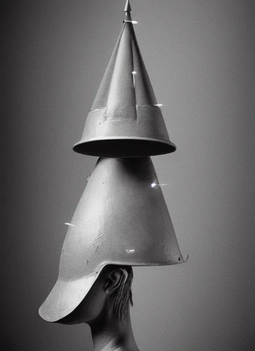 Prompt: realistic photo of a a scientist ritual monk medieval cone hat helmet made of wood, with plastic details detailed, covered in tesla electricity lasers aura, greyscale 1 9 9 0, life magazine photo, natural colors,