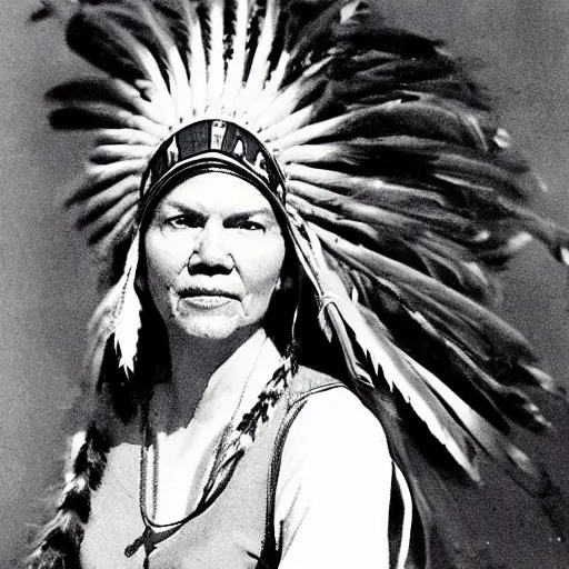 Image similar to the american indian elizabeth warren in a war bonnet lamenting to the the fake news press she is not a man