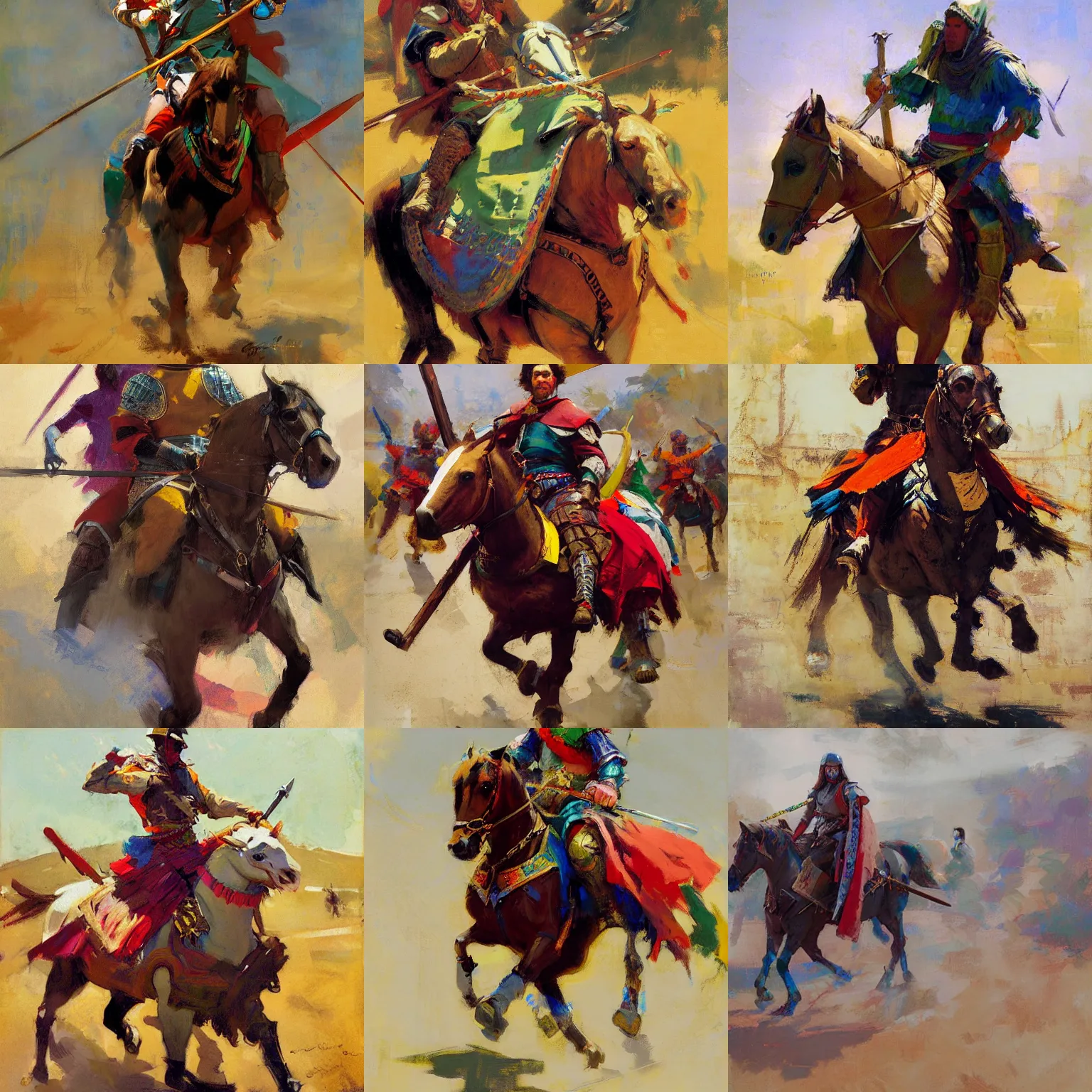 Prompt: portrait of colorful rider holding couched jousting lance, caparisons, galloping, chainmail, detailed by greg manchess, bernie fuchs, ruan jia, walter everett