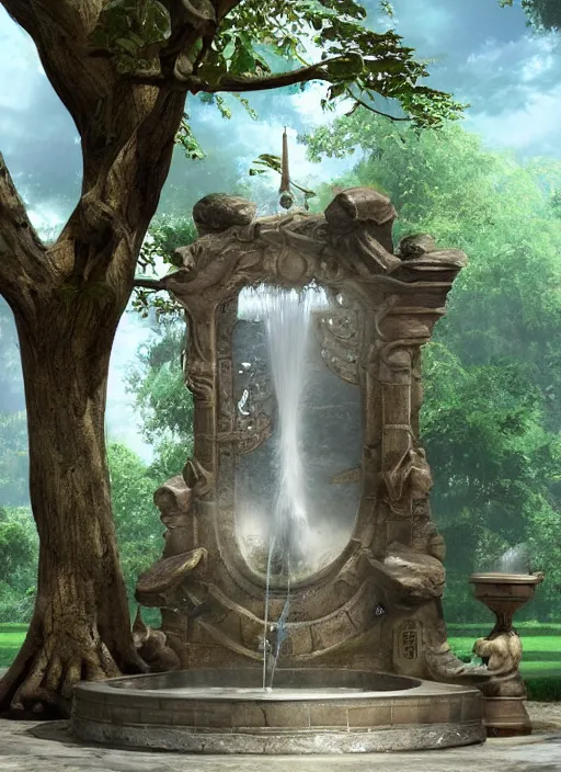 Image similar to a water fountain made out of a tree, concept art by Doug Chiang cinematic, realistic painting, high definition, digital art, symmetrical, very detailed, extremely high detail, photo realistic, concept art, unreal engine 5,