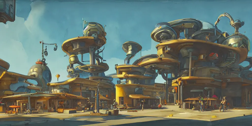 Image similar to overwatch building, stylized, exterior, architecture, in watercolor gouache detailed paintings, insanely detail, artstation, 8 k, futuristic, big medium small, arcane, simon stalenhag, food stall, interesting shapes & form, golden ratio, hard surface, props, lots of decoration and furniture